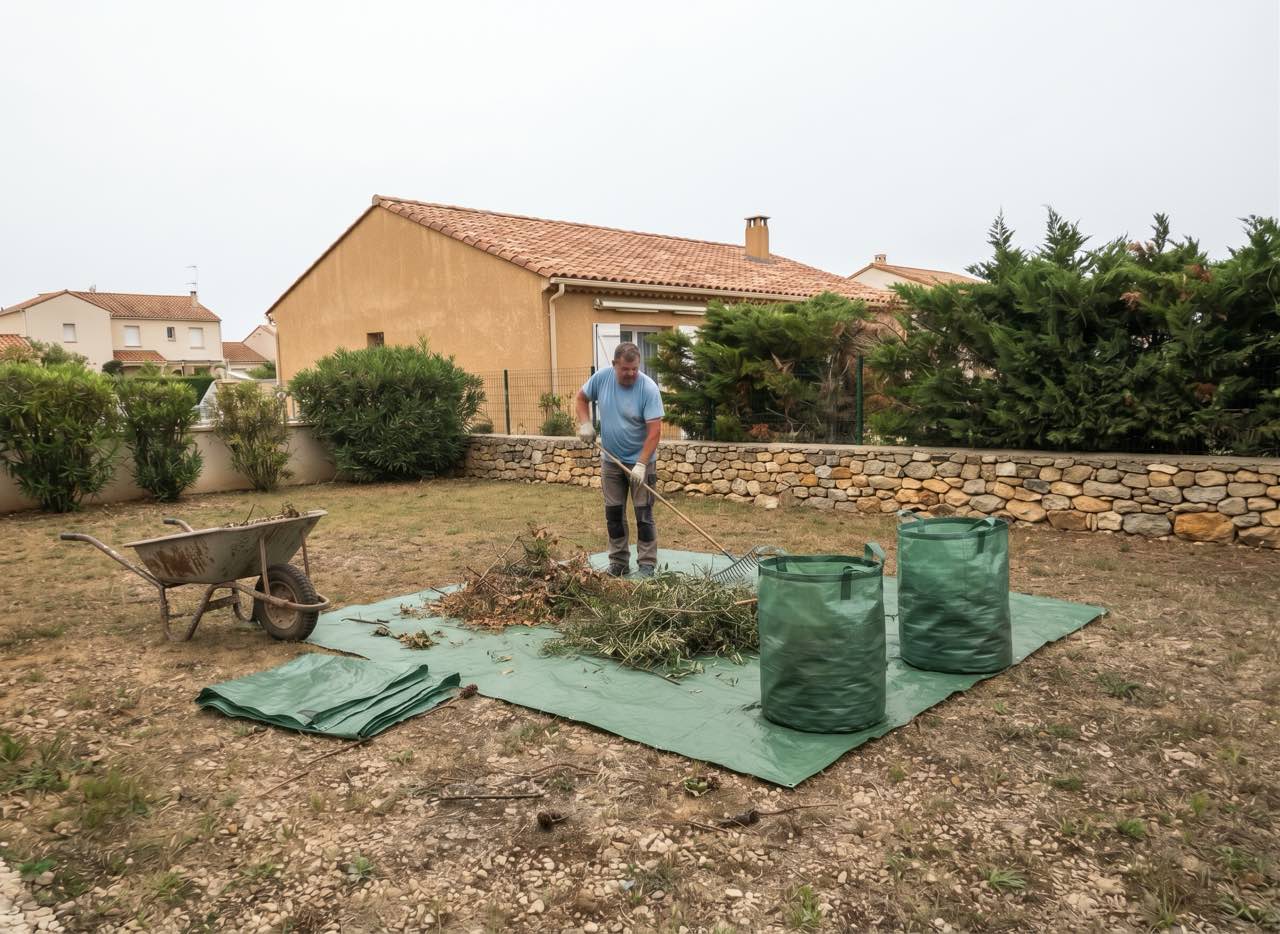 Ramassage des branches sur bâche en fin de chantier